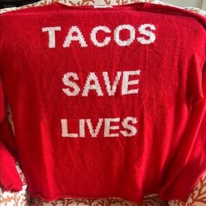 Sweater, red/white “Tacos Save Lives”